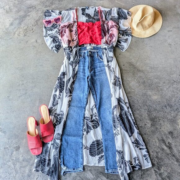 Express White Black Floral Flutter Sleeve Long Duster Kimono size M/L - Picture 1 of 8